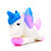A white unicorn squishy with a gradient blue to pink hair and tail, pink paws and blue horn.