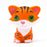 An orange tiger squishy with brown stripes, white belly and green eyes. 