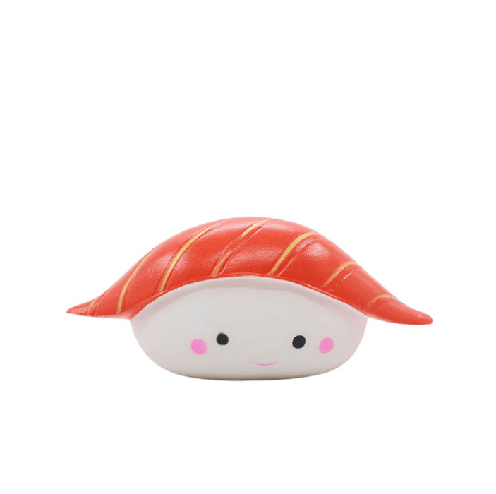 One sushi squishy. A white bottom part that resembles rice has a happy face with pink cheeks, on top an orange piece that resembles salmon