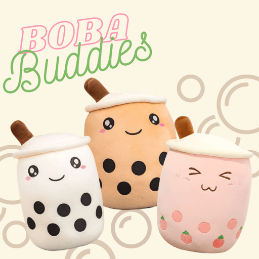 Three boba buddies: white, pink and light brown
