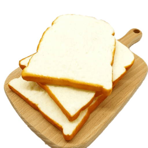 Three squishies that look like slices of white bread on a wooden table