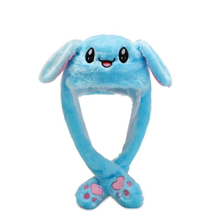 Animal hat with moving ears and long paws. Blue rabbit.