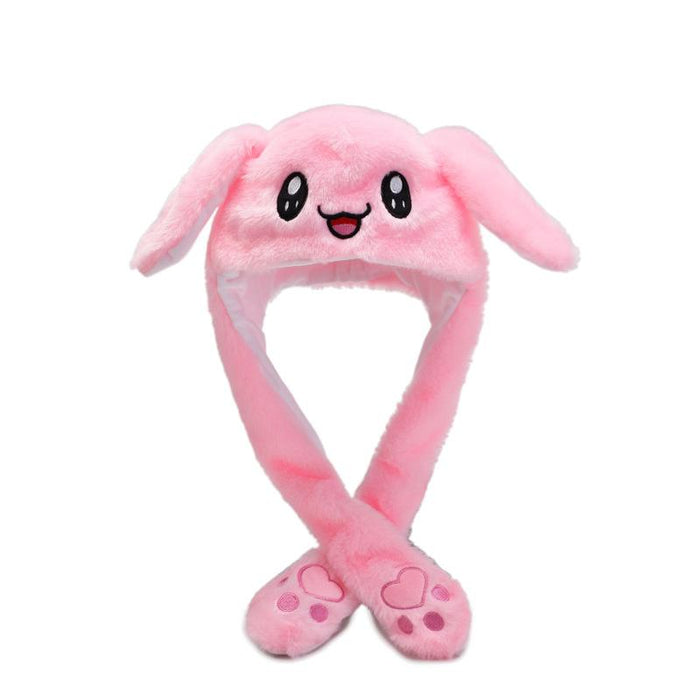 Animal hat with moving ears and long paws. Pink rabbit.