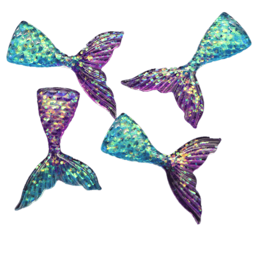 Four multicoloured iridescent mermaid tail charms