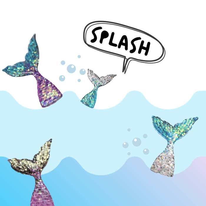 Four multicoloured mermaid tail charms with ocean waves in the background and a speech bubble with the word splash