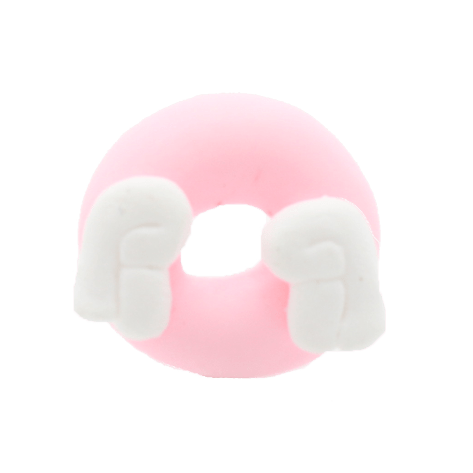 A pink donut charm with white wings
