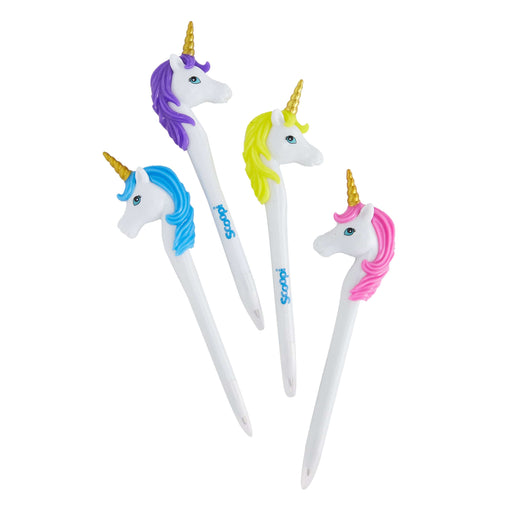 Four white pens with a unicorn head on top with colourful hair and a golden horn