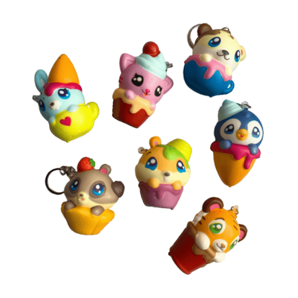 Seven animal squishy keychains displaying different animals and colours