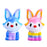 Two fox squishies. One if a gradient blue to pruple one with red nose and the other one is a multicoloured gradient in yellow, pink, blue and orange.