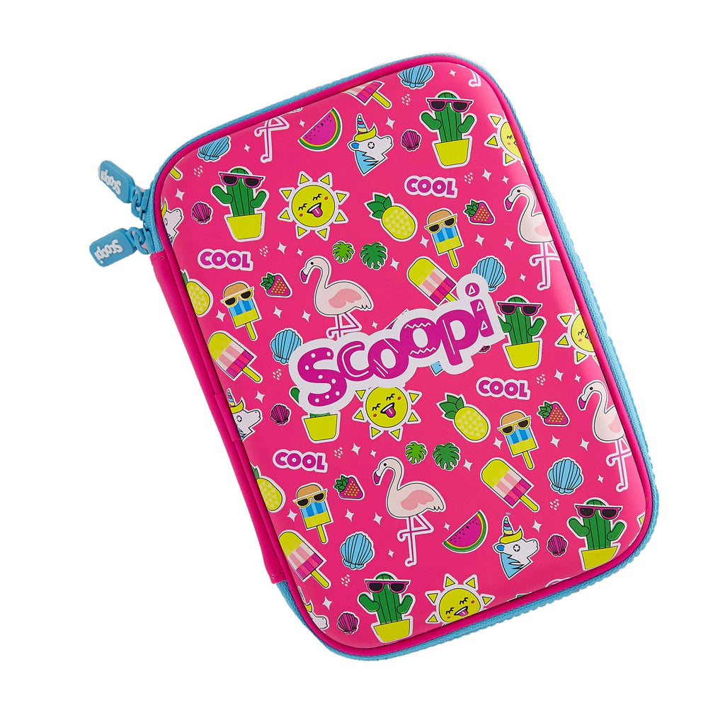 A pink Scoopi hardtop pencil case with several summer related doodles