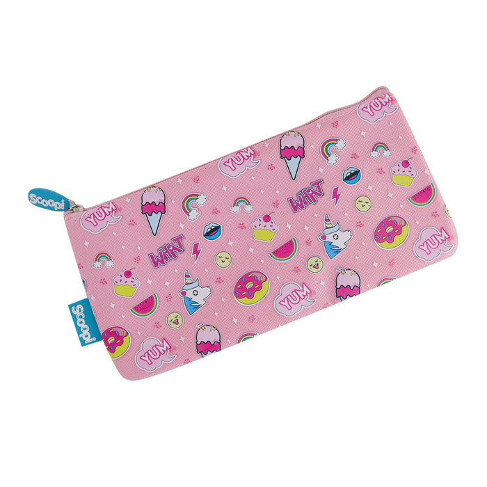 Rectangular pink pencil case with a unicorn, donut, and ice cream pattern.
