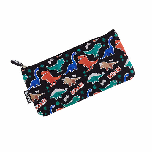 Black rectangular pencil case with green, orange and blue dinosaurs 