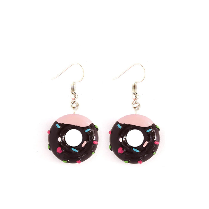 A pair of donut earrings with pink and brown and multicoloured sprinkles