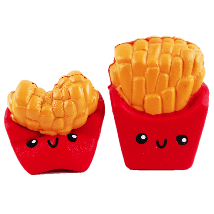 Two red bags of fries with happy faces squishies. One is squished by the middle