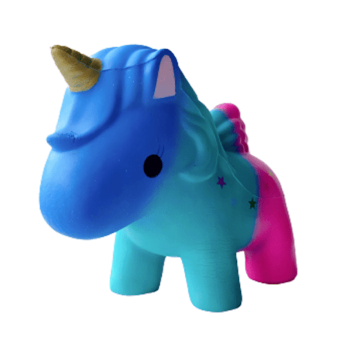 A gradient blue to pink unicorn squishy with multicoloured stars and purple tail