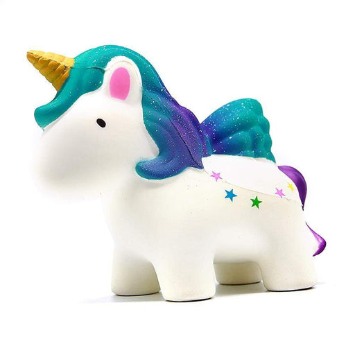 A white unicorn squishy with a golden horn and gradient turquoise to purple hair and tail and five multicoloured stars on its side
